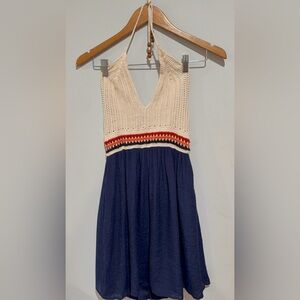 Speechless Navy Dress with Crochet Cream Bodice and Striped Waist